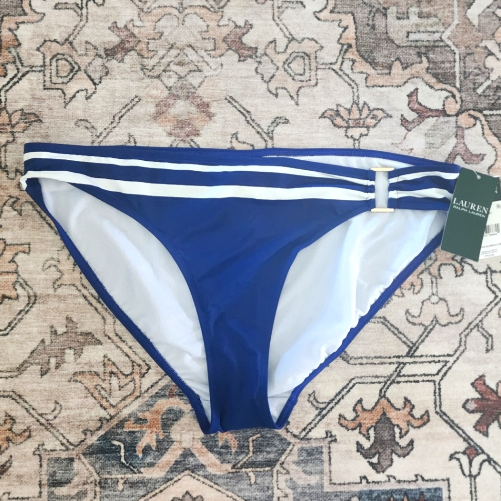 NWT Lauren Ralph Lauren Blue and White Bikini Bottom, Gold Buckle Sz 14